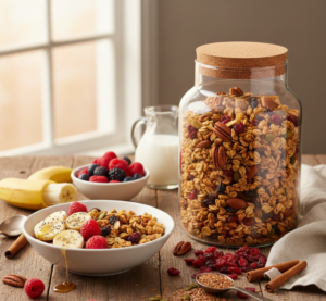 Bocal hermétique en verre rempli de granola maison healthy pour assurer sa conservation.
