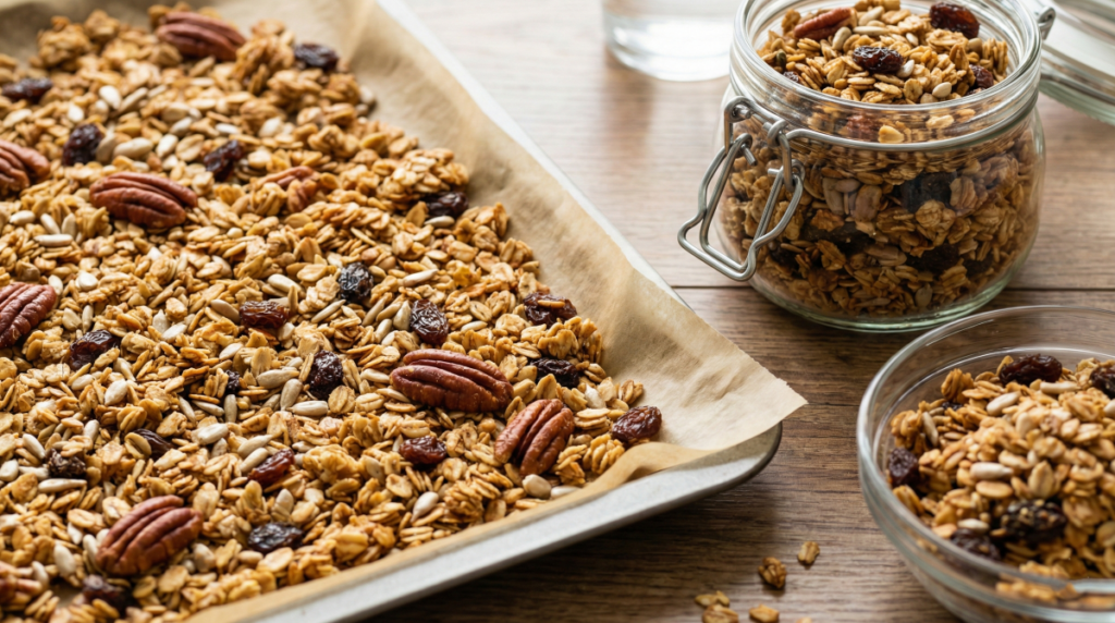 Gros plan sur les pépites dorées et croustillantes du granola maison healthy aux noix de pécan et raisins secs.